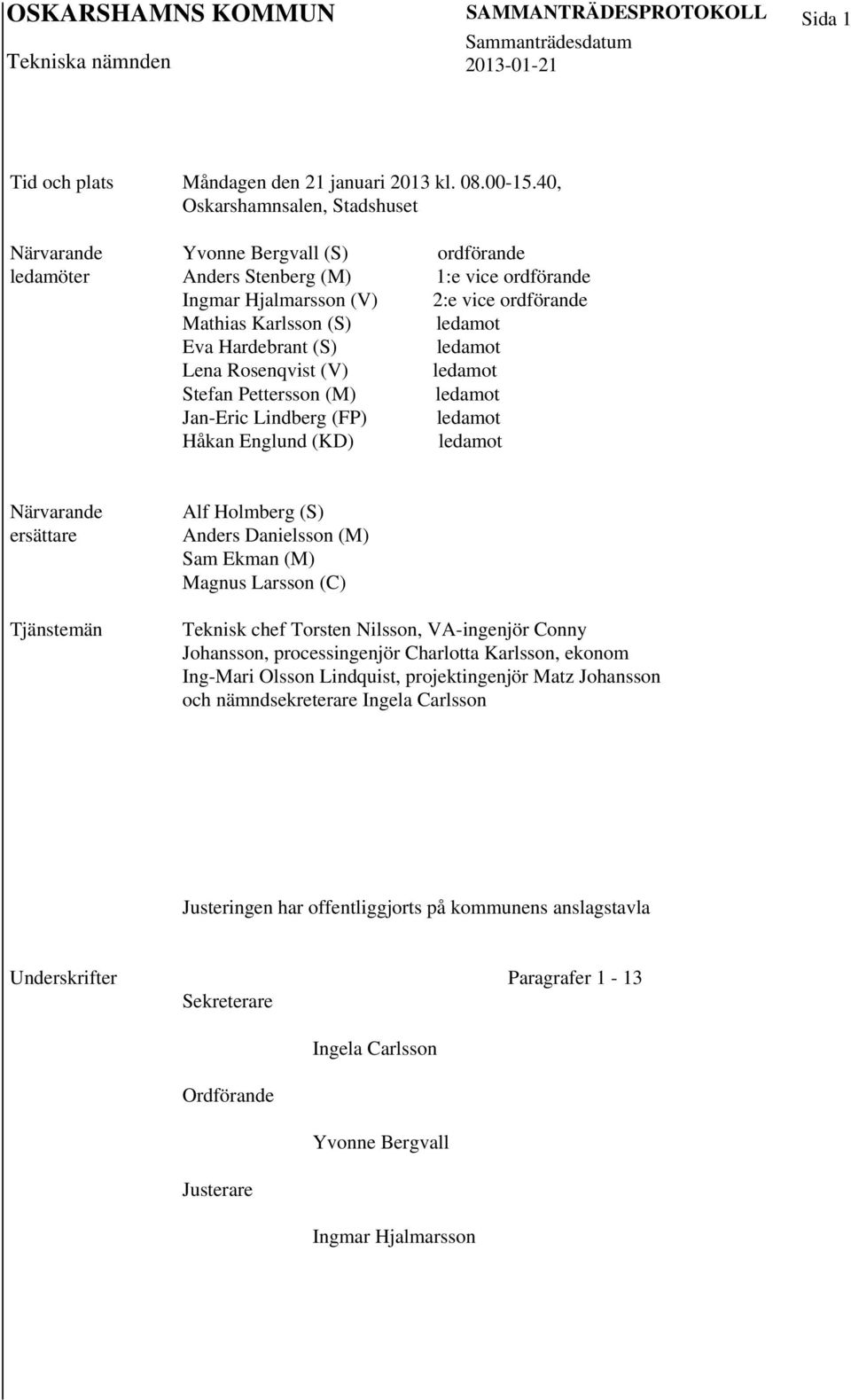 Jan-Eric Lindberg (FP) Håkan Englund (KD) ordförande 1:e vice ordförande 2:e vice ordförande ledamot ledamot ledamot ledamot ledamot ledamot Närvarande ersättare Alf Holmberg (S) Anders Danielsson