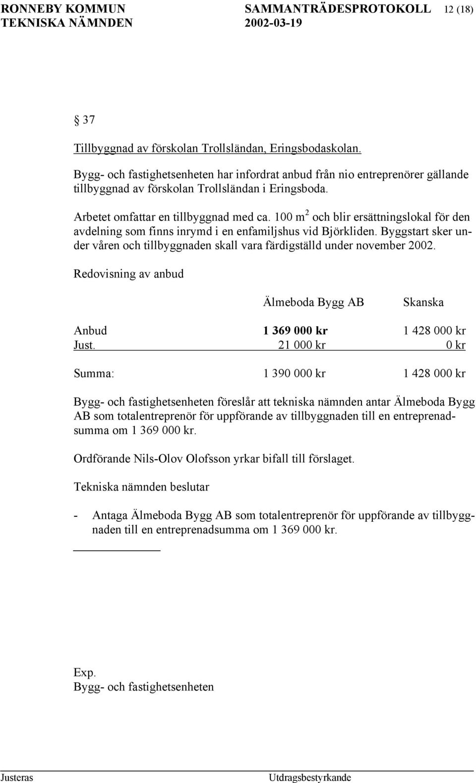 100 m 2 och blir ersättningslokal för den avdelning som finns inrymd i en enfamiljshus vid Björkliden. Byggstart sker under våren och tillbyggnaden skall vara färdigställd under november 2002.