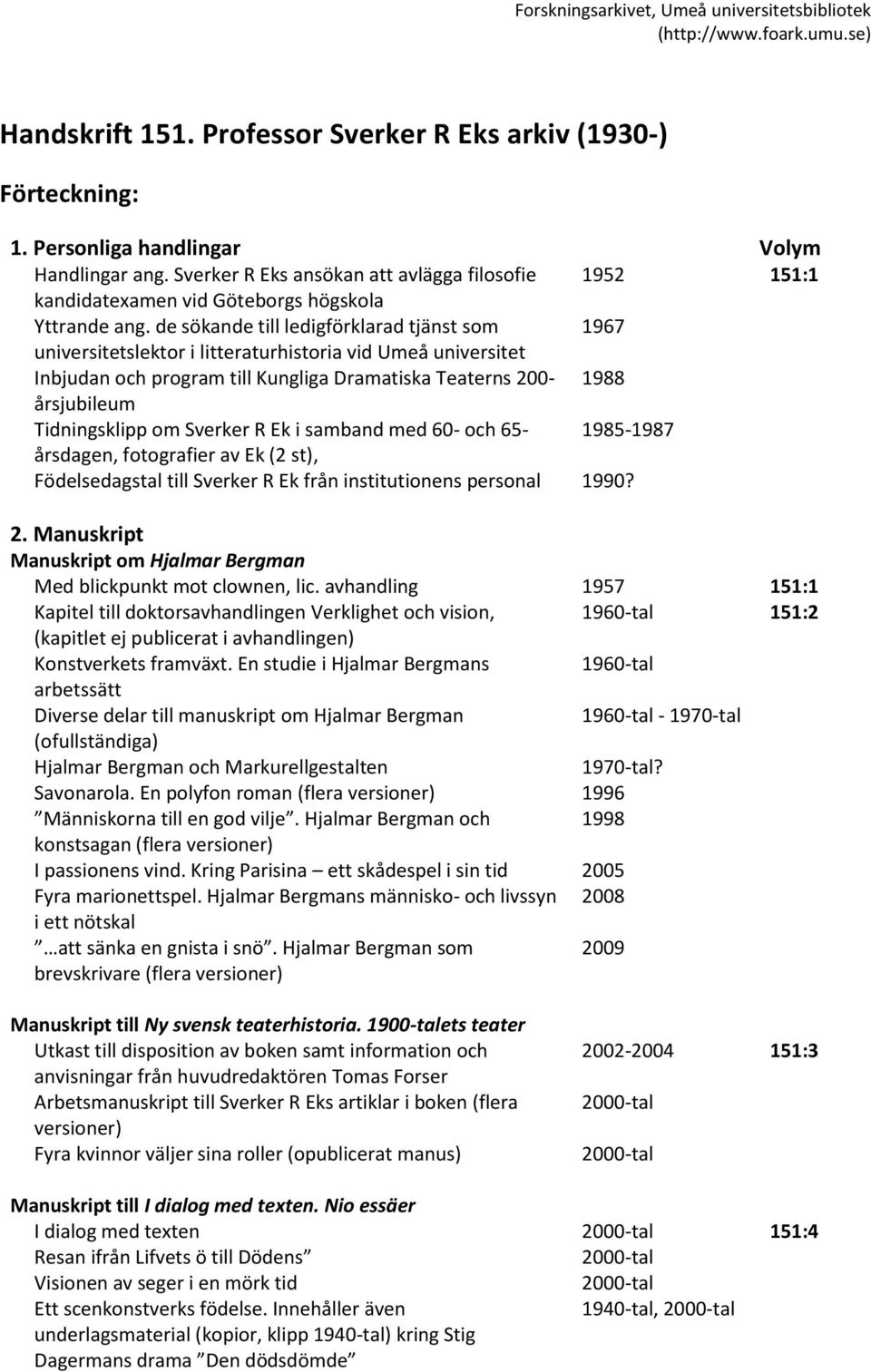 de sökande till ledigförklarad tjänst som 1967 universitetslektor i litteraturhistoria vid Umeå universitet Inbjudan och program till Kungliga Dramatiska Teaterns 200-1988 årsjubileum Tidningsklipp