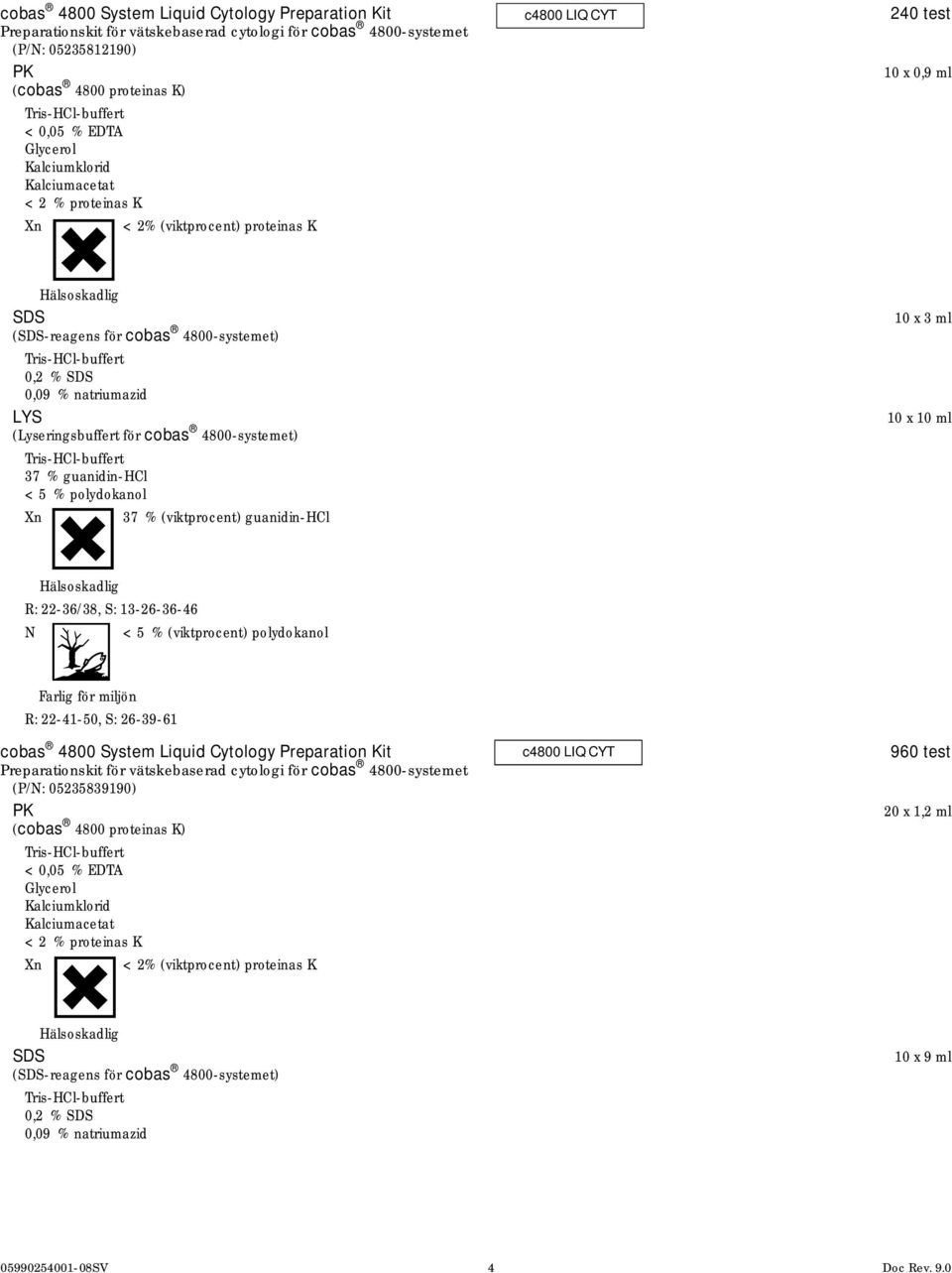 % SDS 0,09 % natriumazid LYS (Lyseringsbuffert för cobas 4800-systemet) Tris-HCl-buffert 37 % guanidin-hcl < 5 % polydokanol Xn 37 % (viktprocent) guanidin-hcl 10 x 3 ml 10 x 10 ml Hälsoskadlig R: