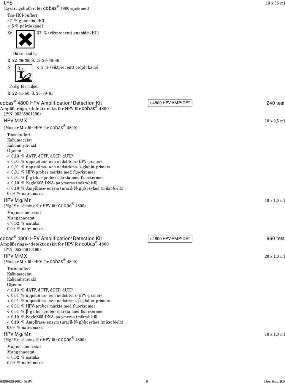 Mix för HPV för cobas 4800) Tricinbuffert Kaliumacetat Kaliumhydroxid Glycerol < 0,13 % datp, dctp, dgtp, dutp < 0,01 % uppströms- och nedströms-hpv-primers < 0,01 % uppströms- och