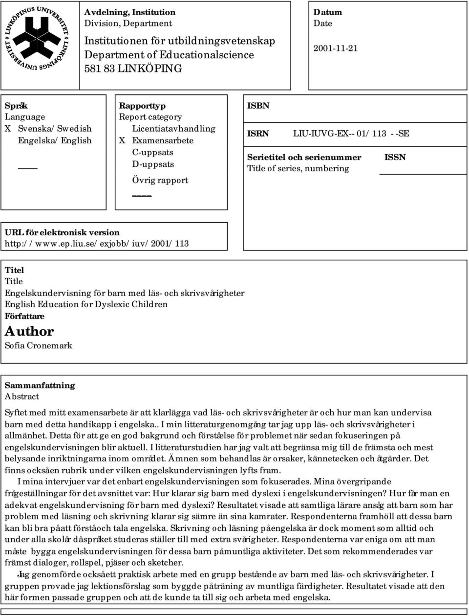 numbering ISSN URL för elektronisk version http://www.ep.liu.