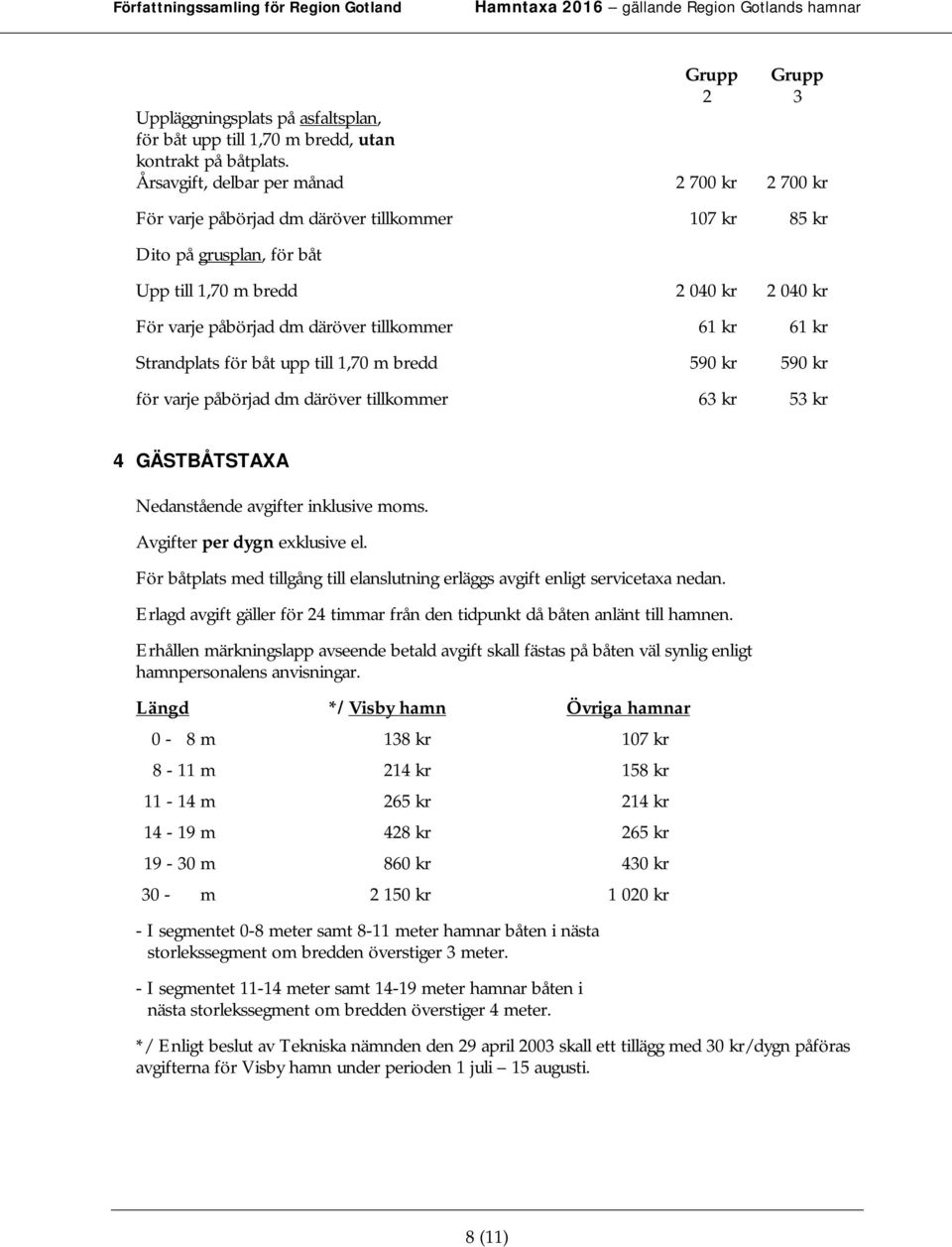 tillkommer 61 kr 61 kr Strandplats för båt upp till 1,70 m bredd 590 kr 590 kr för varje påbörjad dm däröver tillkommer 63 kr 53 kr 4 GÄSTBÅTSTAXA Nedanstående avgifter inklusive moms.