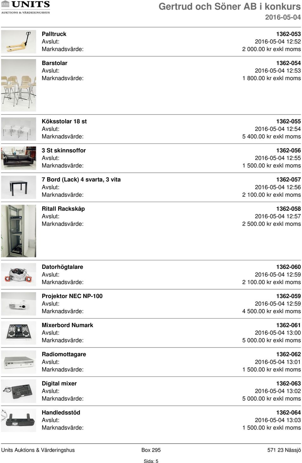 00 kr exkl moms Ritall Rackskåp 1362-058 Avslut: 12:57 2 Datorhögtalare 1362-060 Avslut: 12:59 2 100.