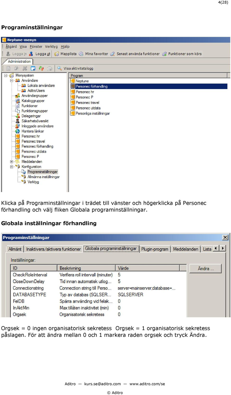 Globala inställningar förhandling Orgsek = 0 ingen organisatorisk sekretess Orgsek = 1