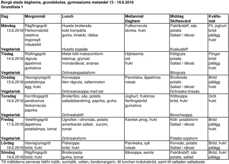 Sallad / råkost pålägg lingonsylt Vegetarisk Husets sojasås Kuskusbiff Tisdag Risflingsgröt Malet kött-makaroniform Hjärtsemla Köttgryta Flingor 14.6.