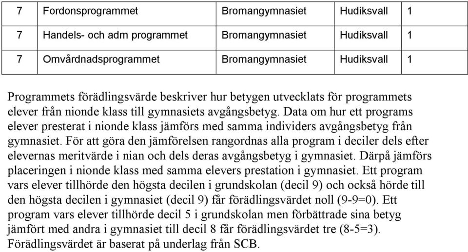 För att göra den jämförelsen rangordnas alla program i deciler dels efter elevernas meritvärde i nian och dels deras avgångsbetyg i gymnasiet.