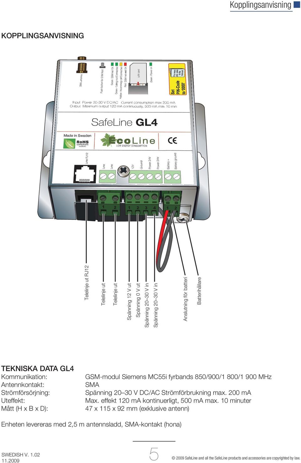 GSM-modul Siemens MC55i fyrbands 850/900/1 800/1 900 MHz SMA Spänning 20 30 V DC/AC Strömförbrukning max. 200 ma Max. effekt 120 ma kontinuerligt, 500 ma max.