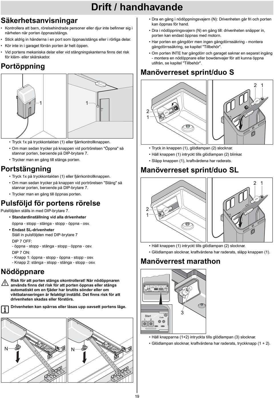 Vid portens mekaniska delar eller vid stängningskanterna finns det risk för kläm- eller skärskador.