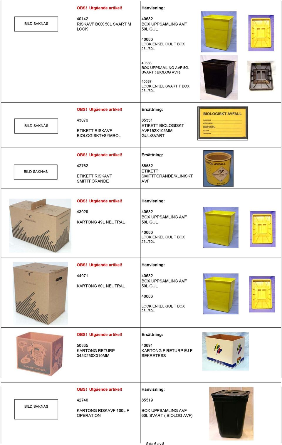 SMITTFÖRANDE/KLINISKT AVF 43029 40682 KARTONG 49L NEUTRAL 50L GUL 44971 40682 KARTONG 60L NEUTRAL 50L GUL Ersättning: 50835