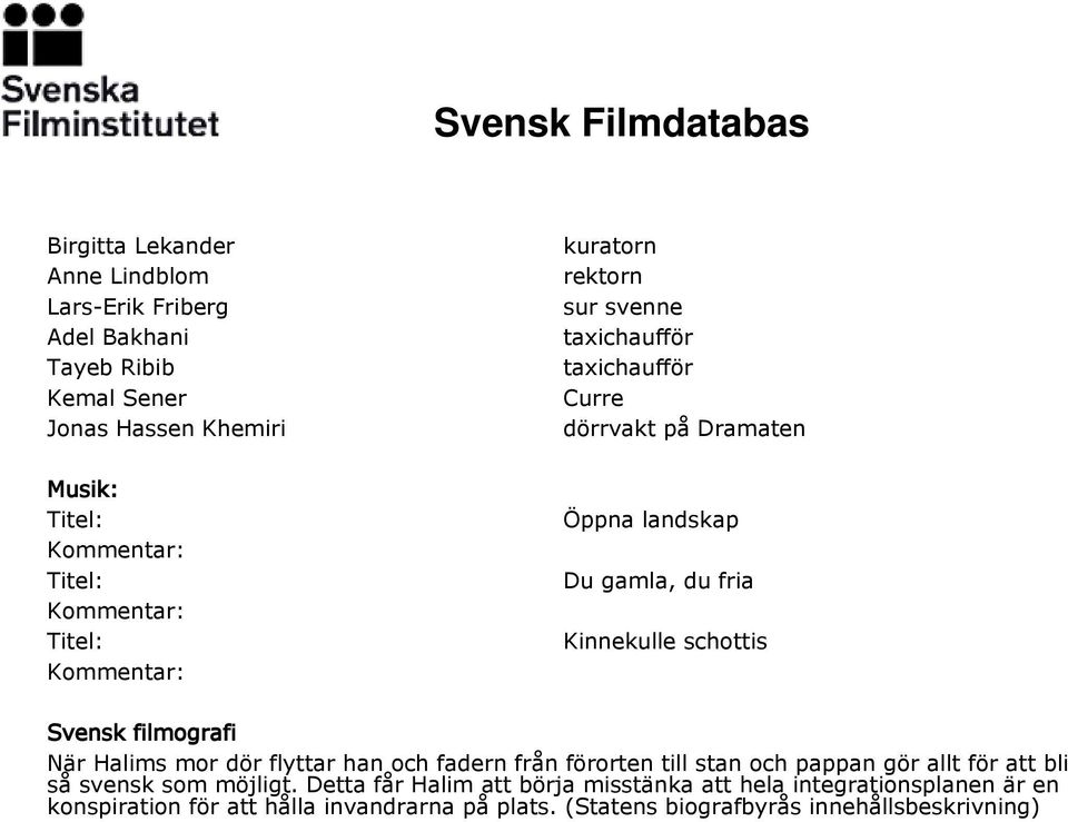 Svensk filmografi När Halims mor dör flyttar han och fadern från förorten till stan och pappan gör allt för att bli så svensk som möjligt.