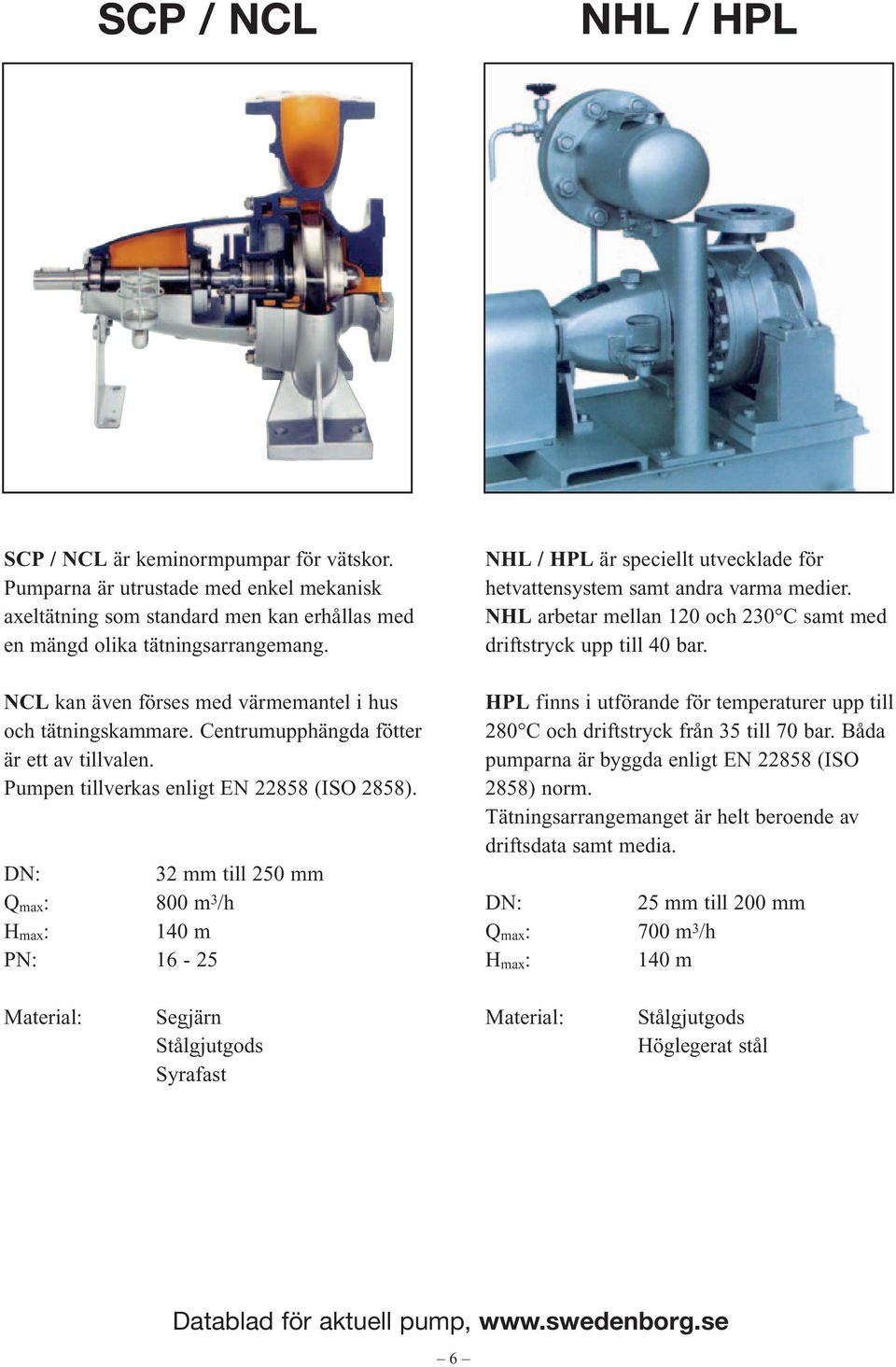 32 mm till 250 mm Q max : 800 m 3 /h H max : 140 m - 25 NHL / HPL är speciellt utvecklade för hetvattensystem samt andra varma medier.