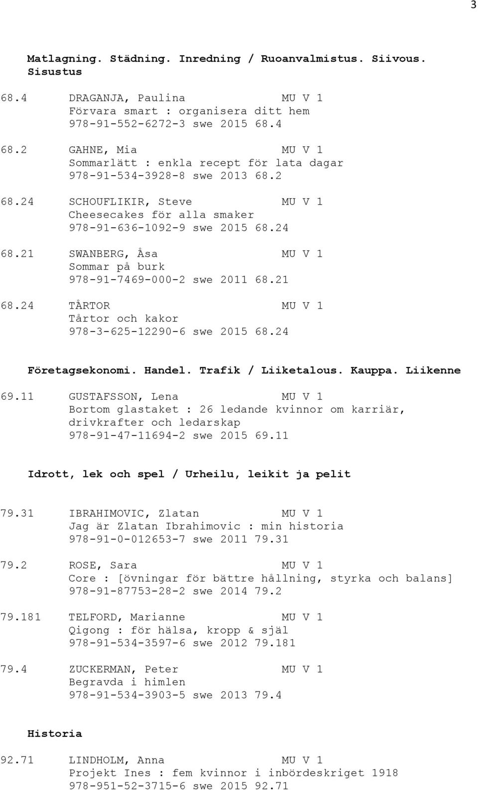 21 SWANBERG, Åsa MU V 1 Sommar på burk 978-91-7469-000-2 swe 2011 68.21 68.24 TÅRTOR MU V 1 Tårtor och kakor 978-3-625-12290-6 swe 2015 68.24 Företagsekonomi. Handel. Trafik / Liiketalous. Kauppa.