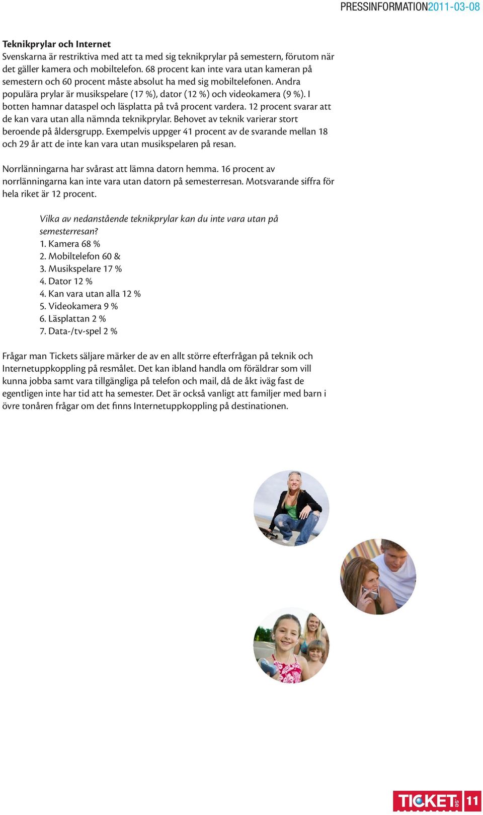 I botten hamnar dataspel och läsplatta på två procent vardera. 12 procent svarar att de kan vara utan alla nämnda teknikprylar. Behovet av teknik varierar stort beroende på åldersgrupp.
