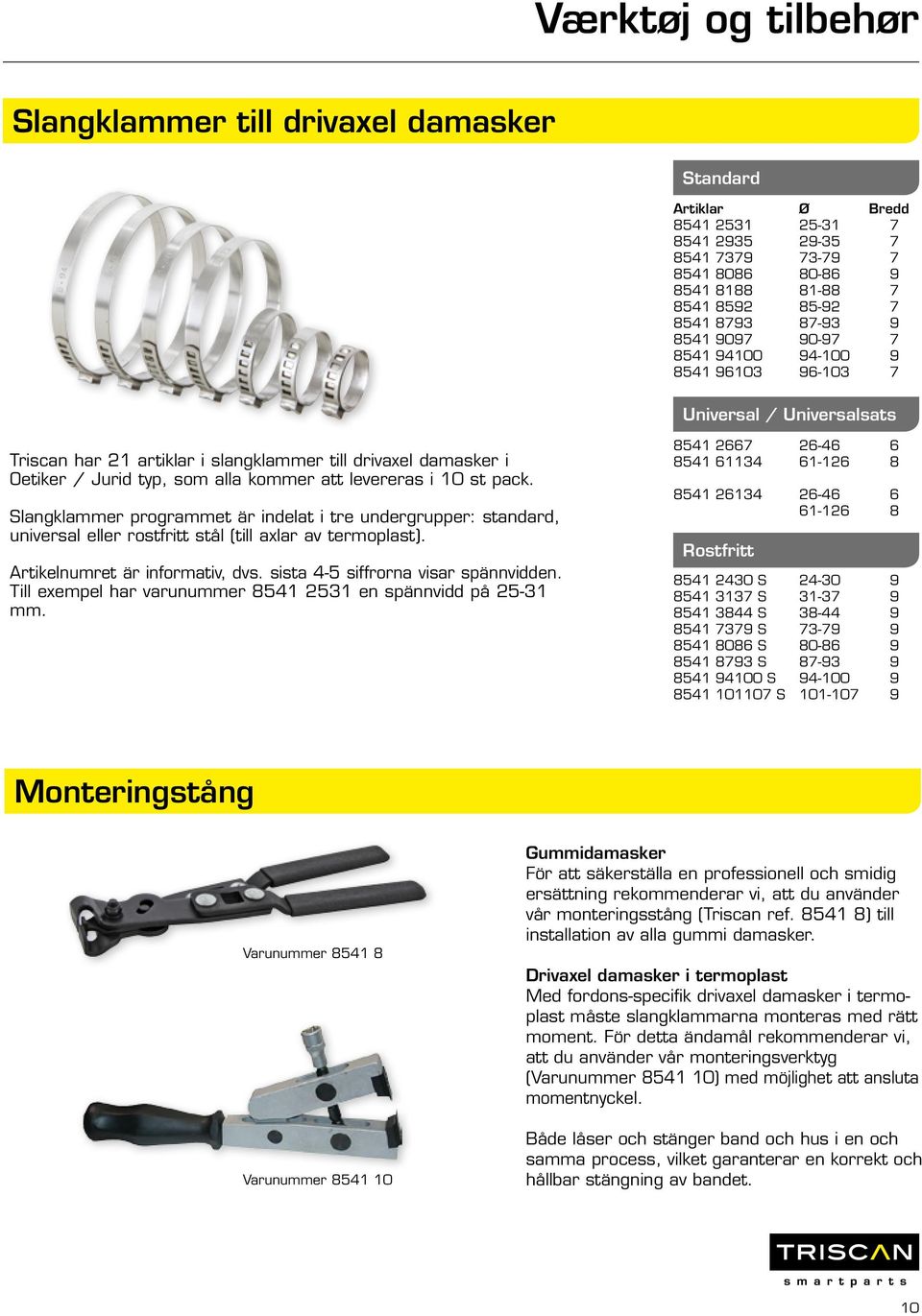 levereras i 10 st pack. Slangklammer programmet är indelat i tre undergrupper: standard, universal eller rostfritt stål (till axlar av termoplast). Artikelnumret är informativ, dvs.