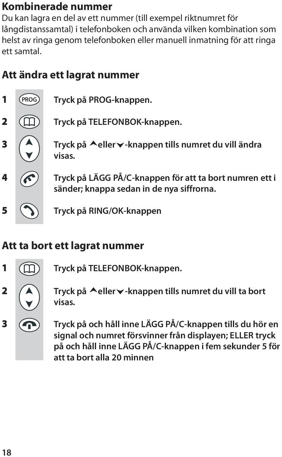 4 Tryck på LÄGG PÅ/C-knappen för att ta bort numren ett i sänder; knappa sedan in de nya siffrorna. 5 Tryck på RING/OK-knappen Att ta bort ett lagrat nummer 1 Tryck på TELEFONBOK-knappen.