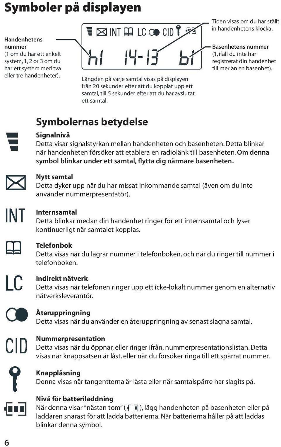 Tiden visas om du har ställt in handenhetens klocka. Basenhetens nummer (1, ifall du inte har registrerat din handenhet till mer än en basenhet).