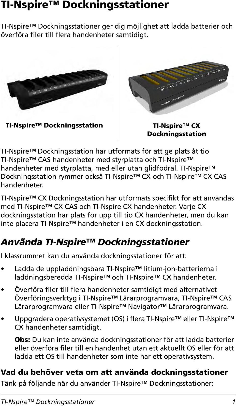 styrplatta, med eller utan glidfodral. TI-Nspire Dockningsstation rymmer också TI-Nspire CX och TI-Nspire CX CAS handenheter.