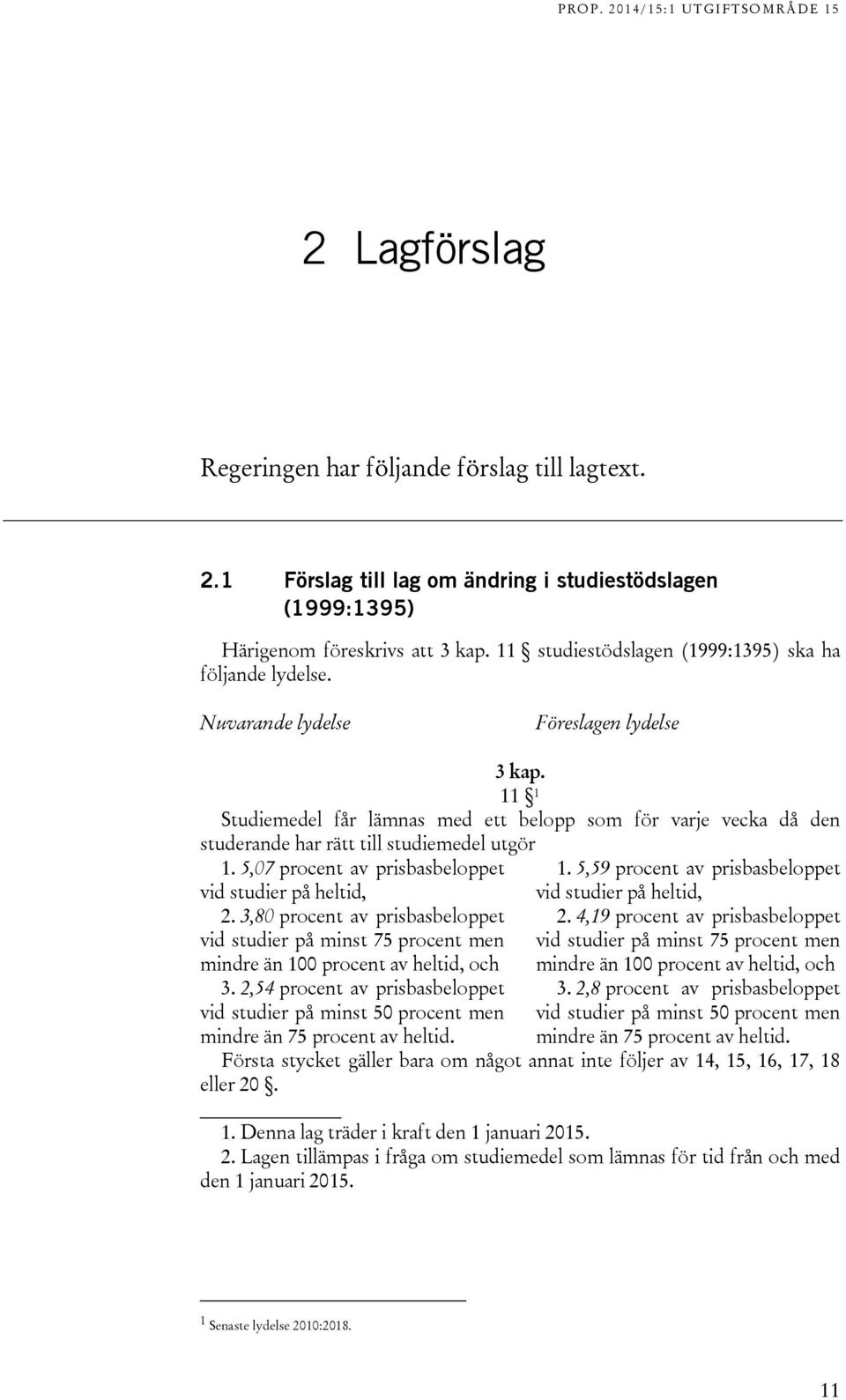 11 1 Studiemedel får lämnas med ett belopp som för varje vecka då den studerande har rätt till studiemedel utgör 1. 5,07 procent av prisbasbeloppet vid studier på heltid, 2.