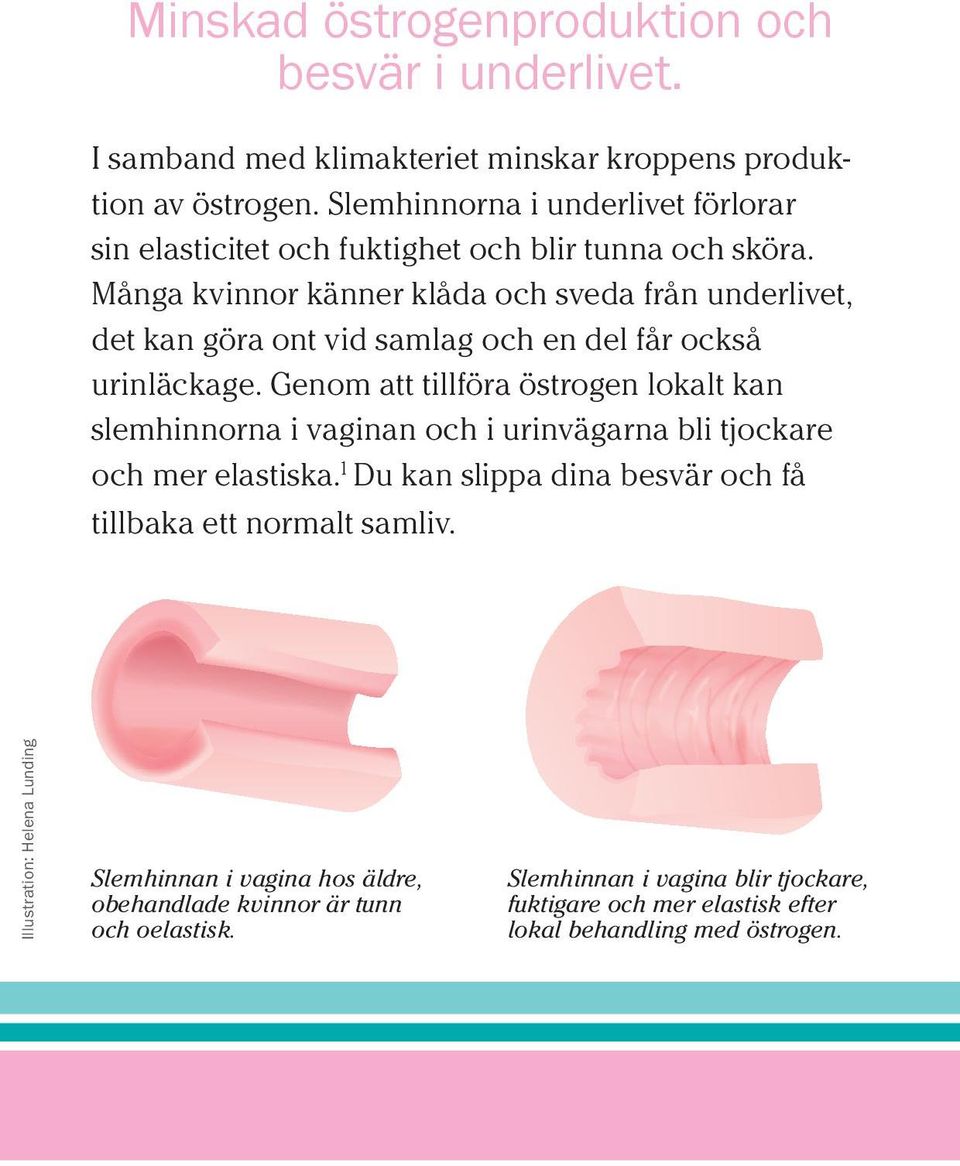 Många kvinnor känner klåda och sveda från underlivet, det kan göra ont vid samlag och en del får också urinläckage.