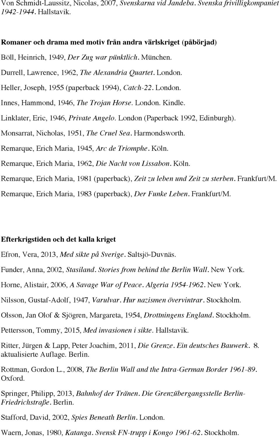 Heller, Joseph, 1955 (paperback 1994), Catch-22. Innes, Hammond, 1946, The Trojan Horse. Kindle. Linklater, Eric, 1946, Private Angelo. London (Paperback 1992, Edinburgh).