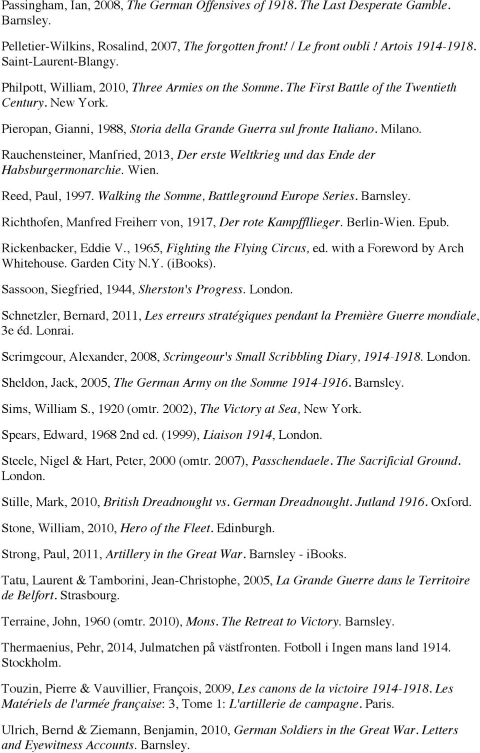 Milano. Rauchensteiner, Manfried, 2013, Der erste Weltkrieg und das Ende der Habsburgermonarchie. Wien. Reed, Paul, 1997. Walking the Somme, Battleground Europe Series. Barnsley.