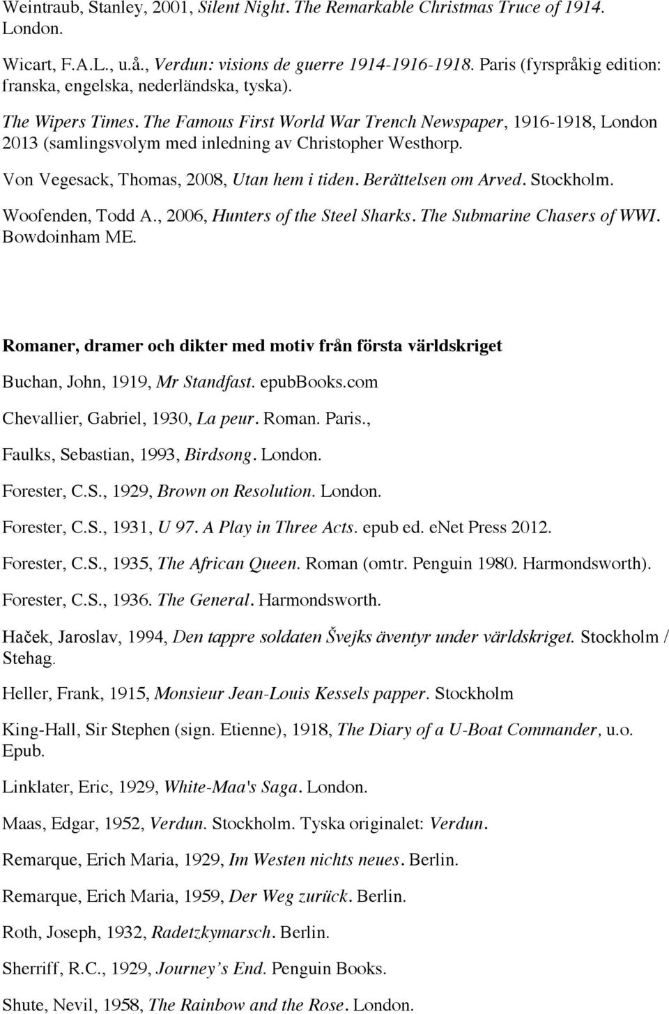 The Famous First World War Trench Newspaper, 1916-1918, London 2013 (samlingsvolym med inledning av Christopher Westhorp. Von Vegesack, Thomas, 2008, Utan hem i tiden. Berättelsen om Arved.