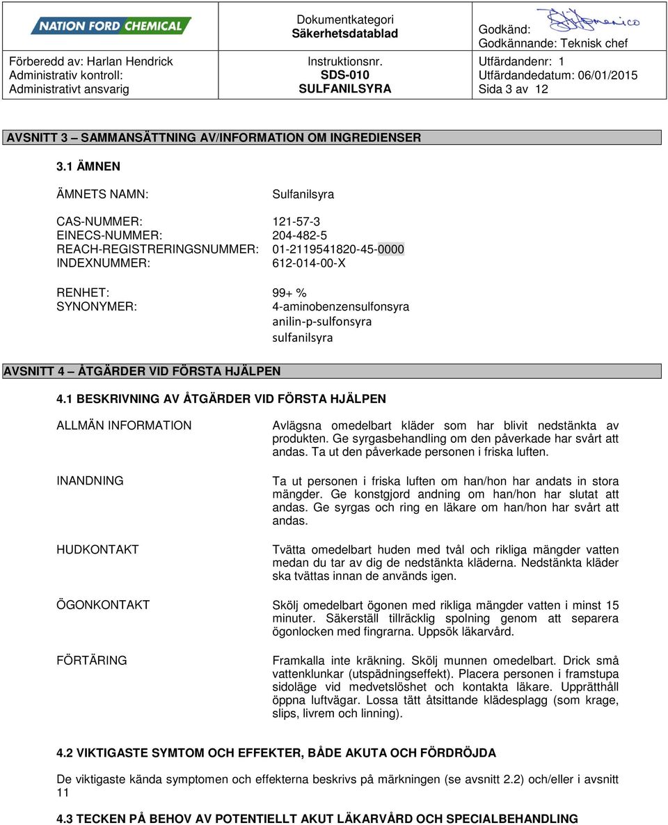 4-aminobenzensulfonsyra anilin-p-sulfonsyra sulfanilsyra AVSNITT 4 ÅTGÄRDER VID FÖRSTA HJÄLPEN 4.