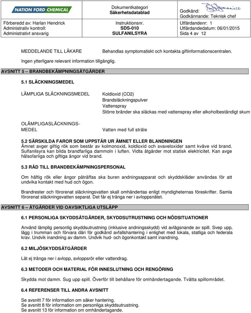 med full stråle 5.2 SÄRSKILDA FAROR SOM UPPSTÅR UR ÄMNET ELLER BLANDNINGEN Ämnet avger giftig rök som består av kolmonoxid, koldioxid och svaveloxider samt kväve vid brand.