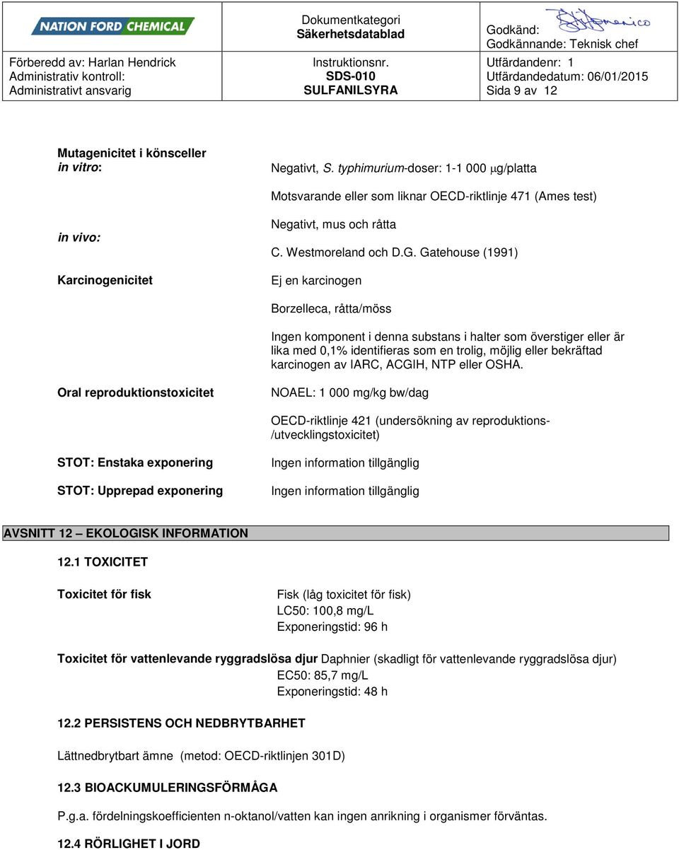 Gatehouse (1991) Ej en karcinogen Borzelleca, råtta/möss Ingen komponent i denna substans i halter som överstiger eller är lika med 0,1% identifieras som en trolig, möjlig eller bekräftad karcinogen