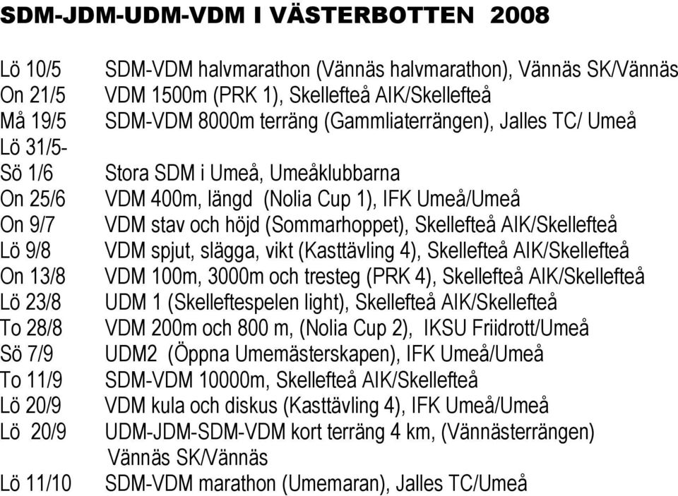 höjd (Sommarhoppet), VDM spjut, slägga, vikt (Kasttävling 4), VDM 100m, 3000m och tresteg (PRK 4), UDM 1 (Skelleftespelen light), VDM 200m och 800 m, (Nolia Cup 2), IKSU Friidrott/Umeå UDM2 (Öppna
