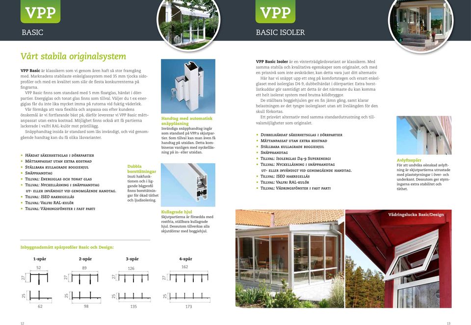 VPP Basic finns som standard med 5 mm floatglas, härdat i dörrpartier. Energiglas och tonat glas finns som tillval.