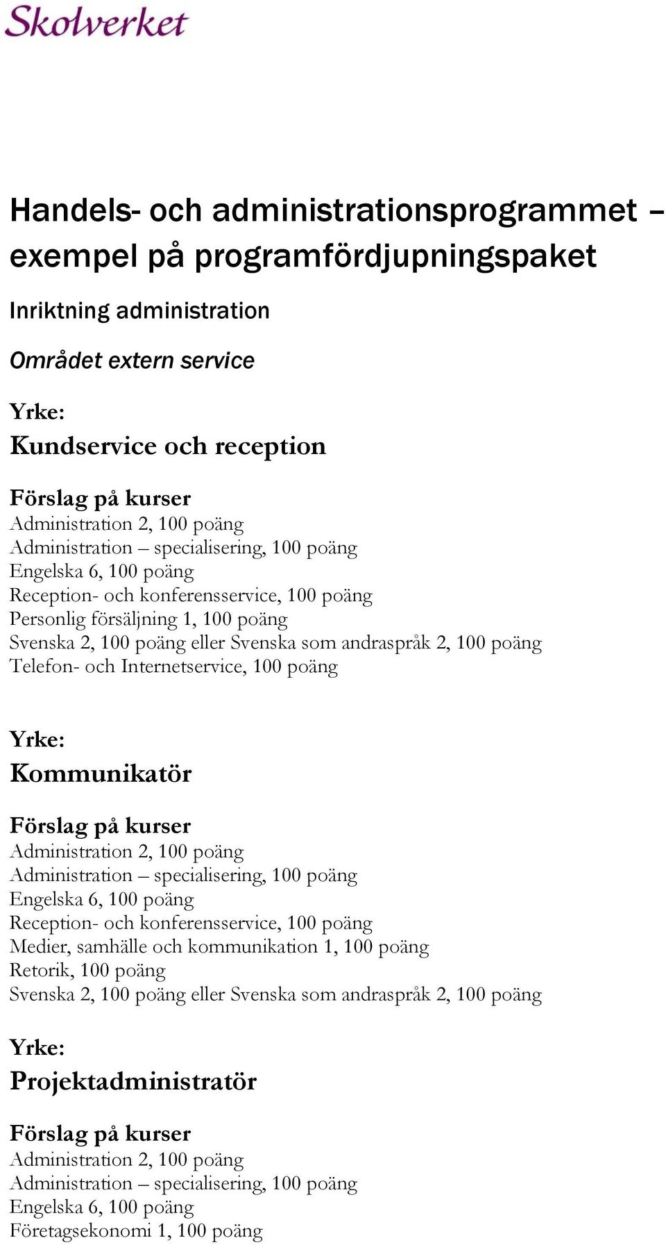 försäljning 1, 100 poäng Telefon- och Internetservice, 100 poäng Kommunikatör Reception- och