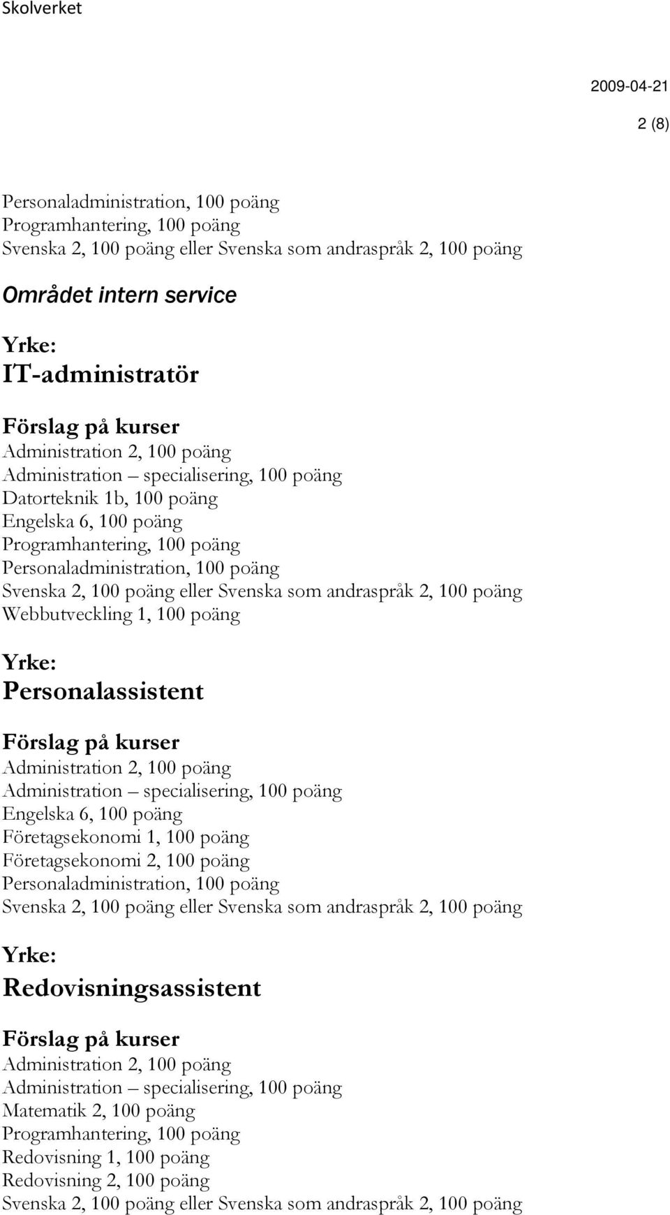 Webbutveckling 1, 100 poäng Personalassistent Företagsekonomi 2, 100 poäng Personaladministration, 100