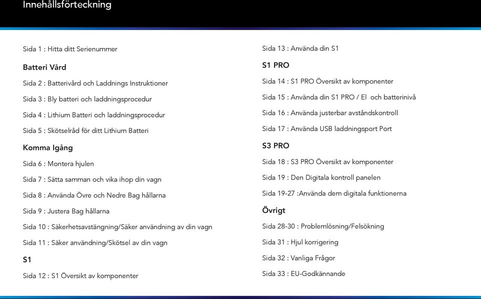 Justera Bag hållarna Sida 10 : Säkerhetsavstängning/Säker användning av din vagn Sida 11 : Säker användning/skötsel av din vagn S1 Sida 12 : S1 Översikt av komponenter Sida 13 : Använda din S1 S1 PRO