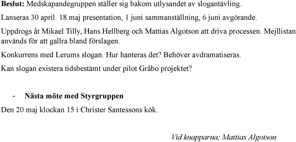 Uppdrogs åt Mikael Tilly, Hans Hellberg och Mattias Algotson att driva processen. Mejllistan används för att gallra bland förslagen.