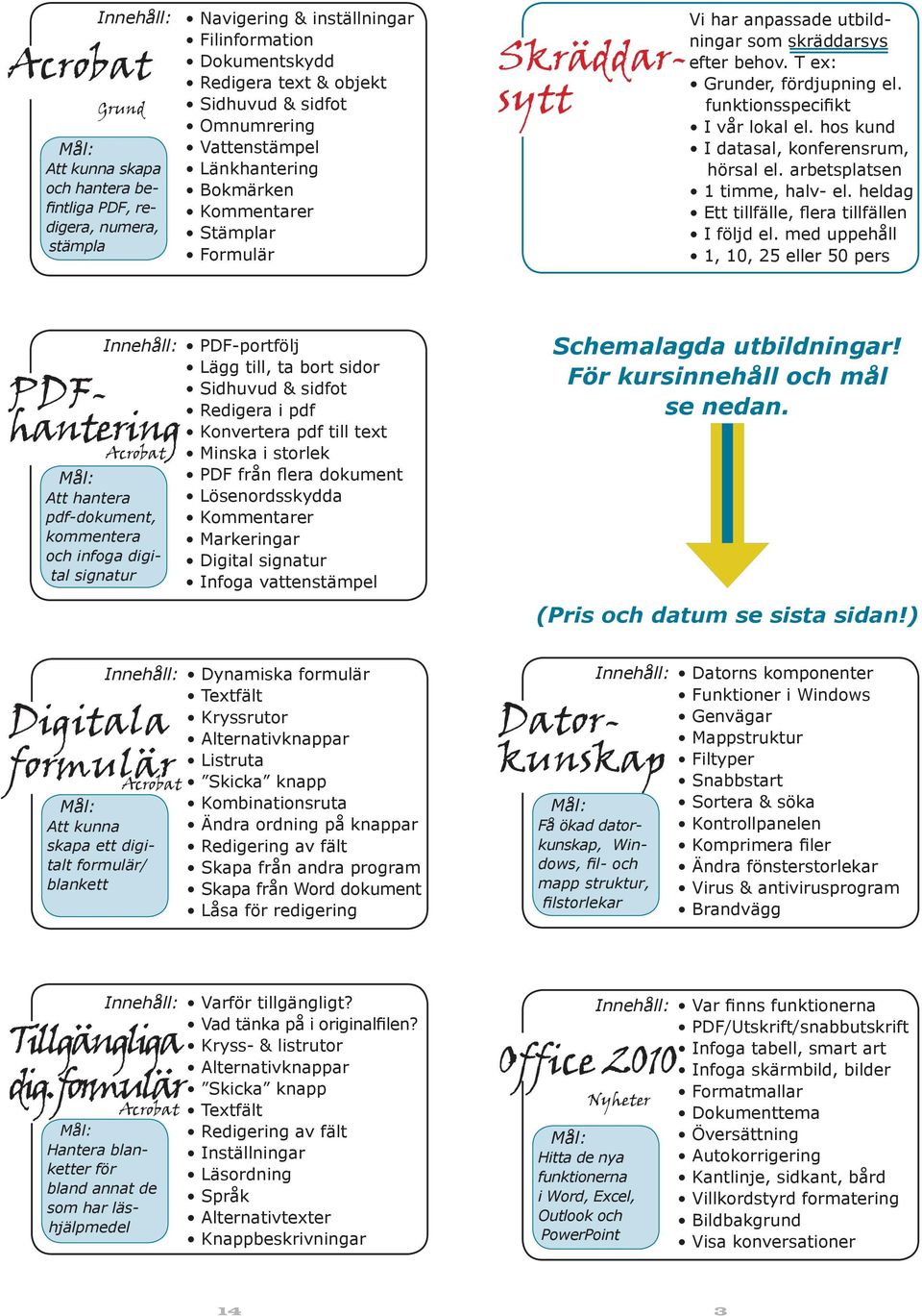 hos kund I datasal, konferensrum, hörsal el. arbetsplatsen timme, halv- el. heldag Ett tillfälle, flera tillfällen I följd el.