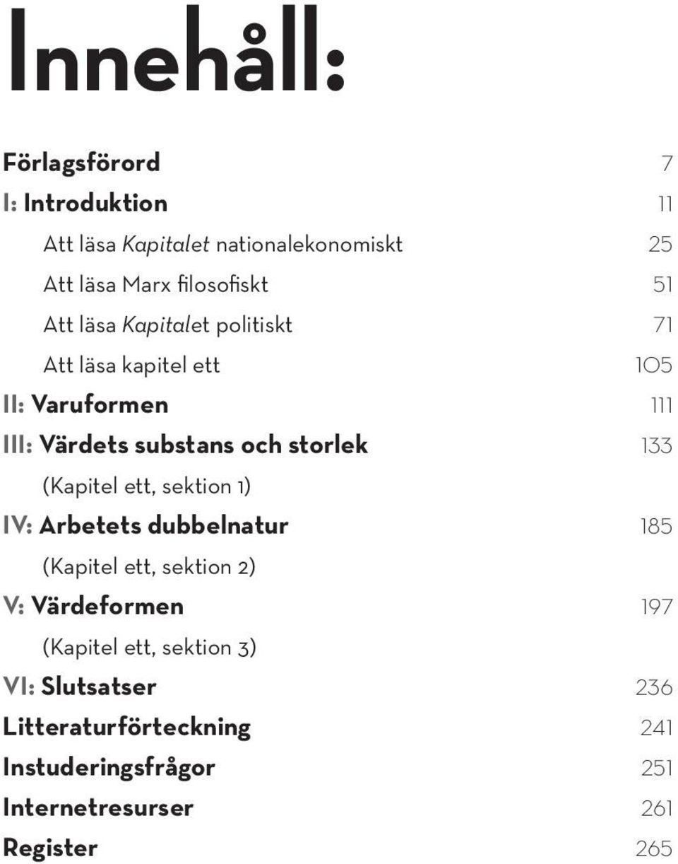 1) IV: Arbetets dubbelnatur (Kapitel ett, sektion 2) V: Värdeformen (Kapitel ett, sektion 3) VI: Slutsatser