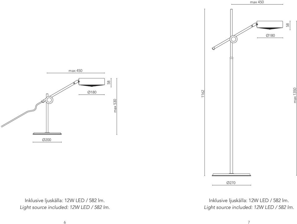 Light source included: 12W LED / 2 lm.