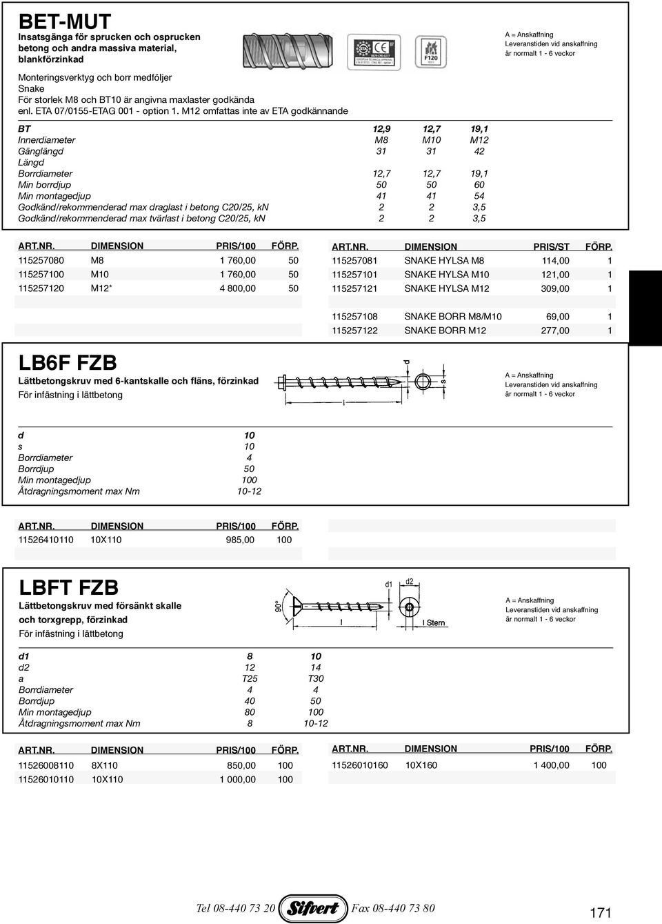 M12 omfattas inte av ETA godkännande BT 12,9 12,7 19,1 Innerdiameter M8 M10 M12 Gänglängd 31 31 42 Längd Borrdiameter 12,7 12,7 19,1 Min borrdjup 50 50 60 Min montagedjup 41 41 54