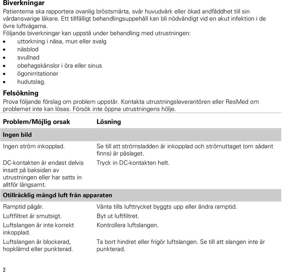 Följande biverkningar kan uppstå under behandling med utrustningen: uttorkning i näsa, mun eller svalg näsblod svullnad obehagskänslor i öra eller sinus ögonirritationer hudutslag.