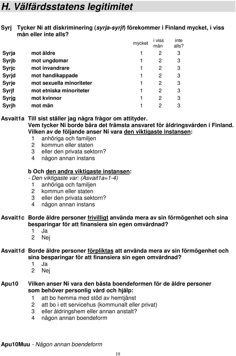 mot kvinnor 1 2 3 Syrjh mot män 1 2 3 Asvait1a Till sist ställer jag några frågor om attityder. Vem tycker Ni borde bära det främsta ansvaret för åldringsvården i Finland.