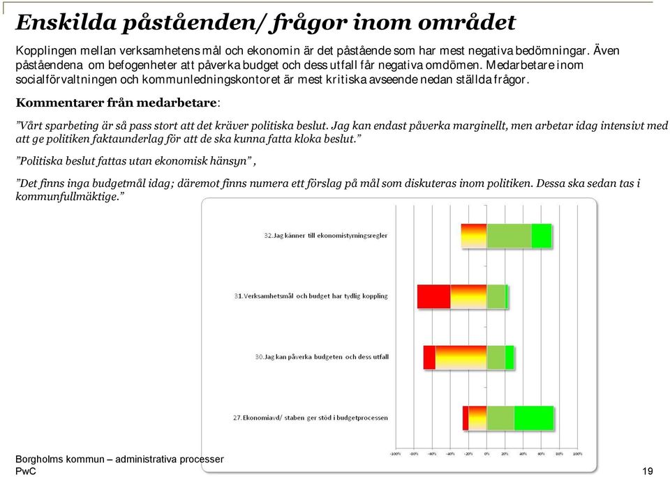 Medarbetare inom socialförvaltningen och kommunledningskontoret är mest kritiska avseende nedan ställda frågor.