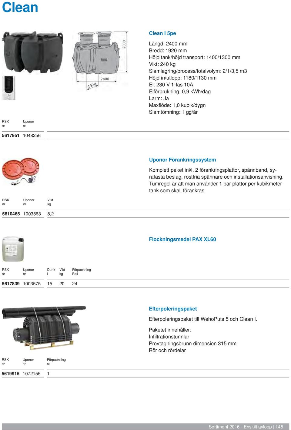 2 förankringsplattor, spännband, syrafasta beslag, rostfria spännare och installationsanvisning. Tumregel är att man använder 1 par plattor per kubikmeter tank som skall förankras.