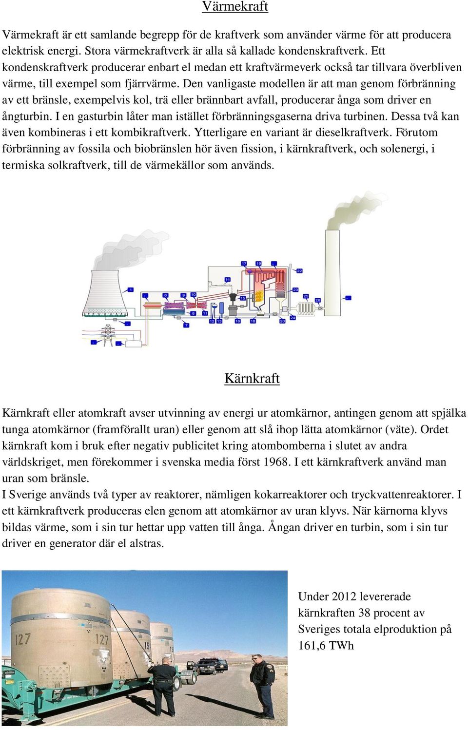 Den vanligaste modellen är att man genom förbränning av ett bränsle, exempelvis kol, trä eller brännbart avfall, producerar ånga som driver en ångturbin.