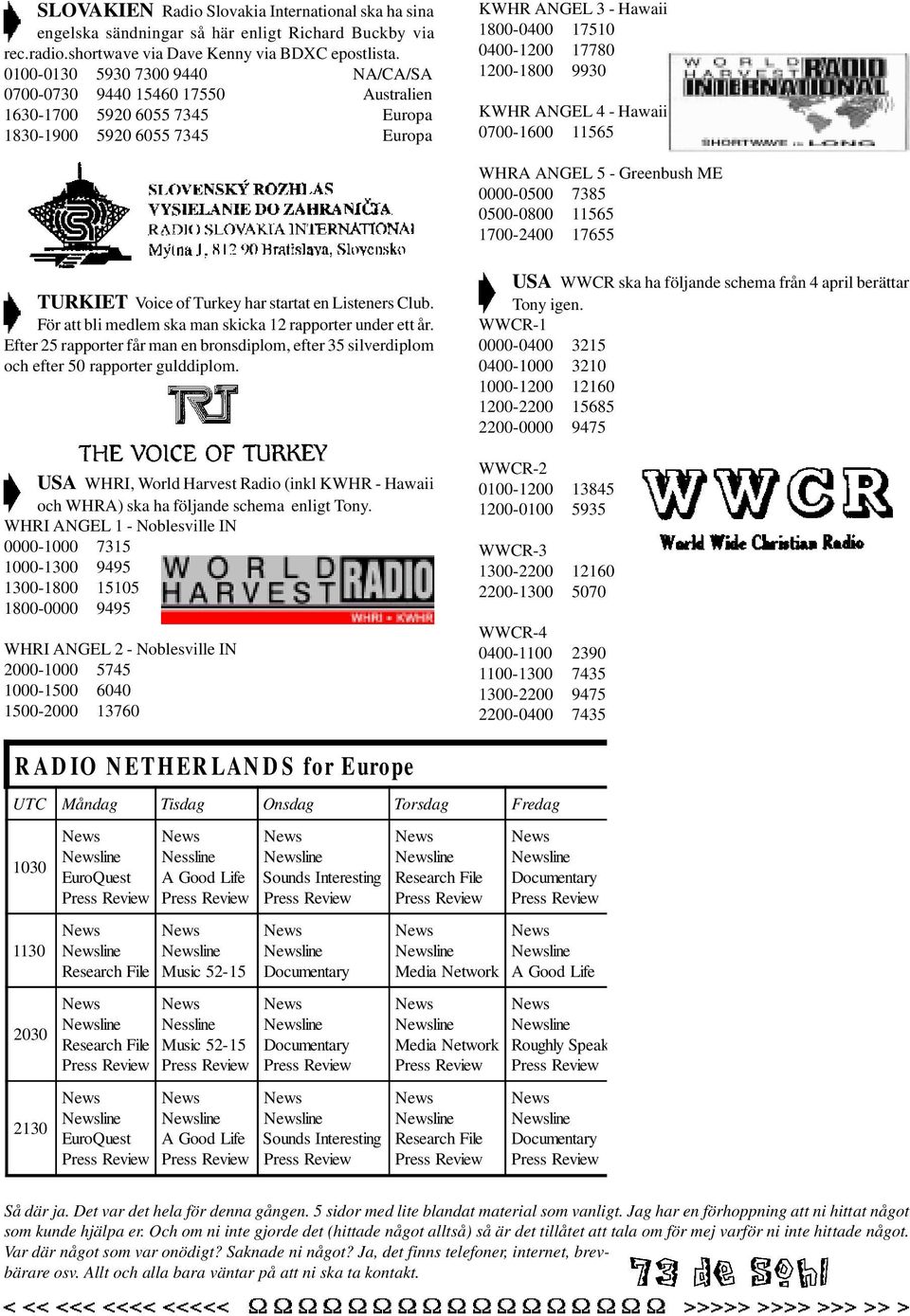 9930 KWHR ANGEL 4 - Hawaii 0700-1600 11565 WHRA ANGEL 5 - Greenbush ME 0000-0500 7385 0500-0800 11565 1700-2400 17655 TURKIET Voice of Turkey har startat en Listeners Club.