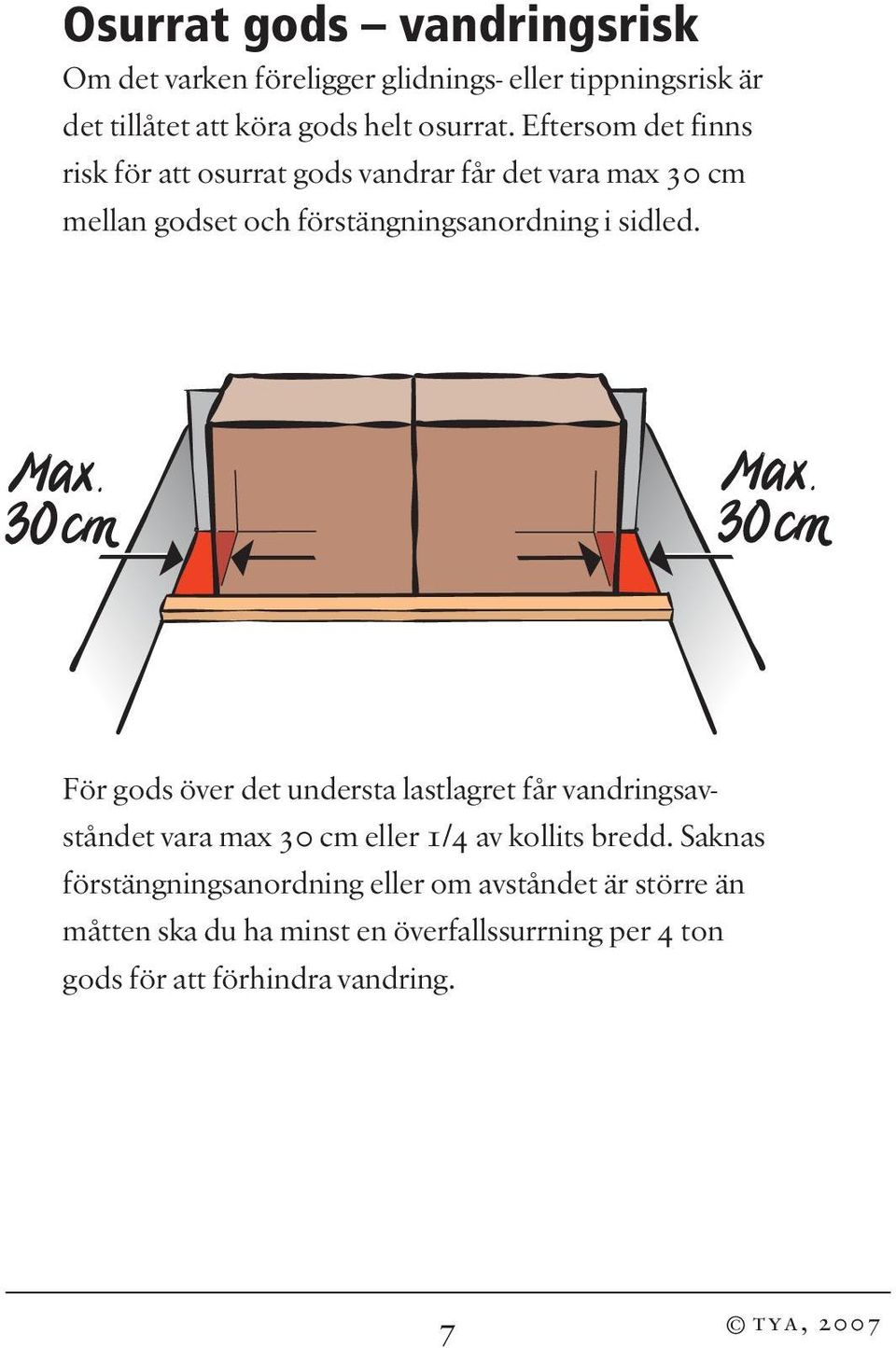 För gods över det understa lastlagret får vandringsavståndet vara max 30 cm eller 1/4 av kollits bredd.