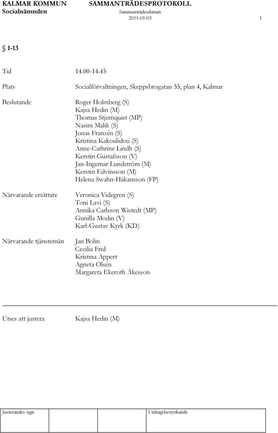 (M) Thomas Stjernquist (MP) Nasim Malik (S) Jonas Franzén (S) Kristina Kakoulidou (S) Anne-Cathrine Lindh (S) Kerstin Gustafsson (V) Jan-Ingemar