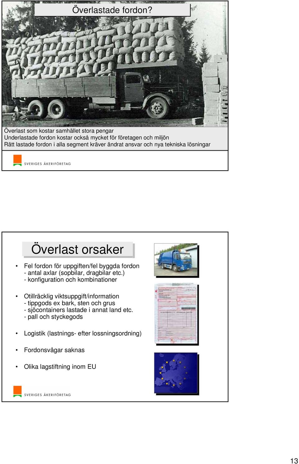 kräver ändrat ansvar och nya tekniska lösningar Överlast orsaker Fel fordon för uppgiften/fel byggda fordon - antal axlar (sopbilar, dragbilar