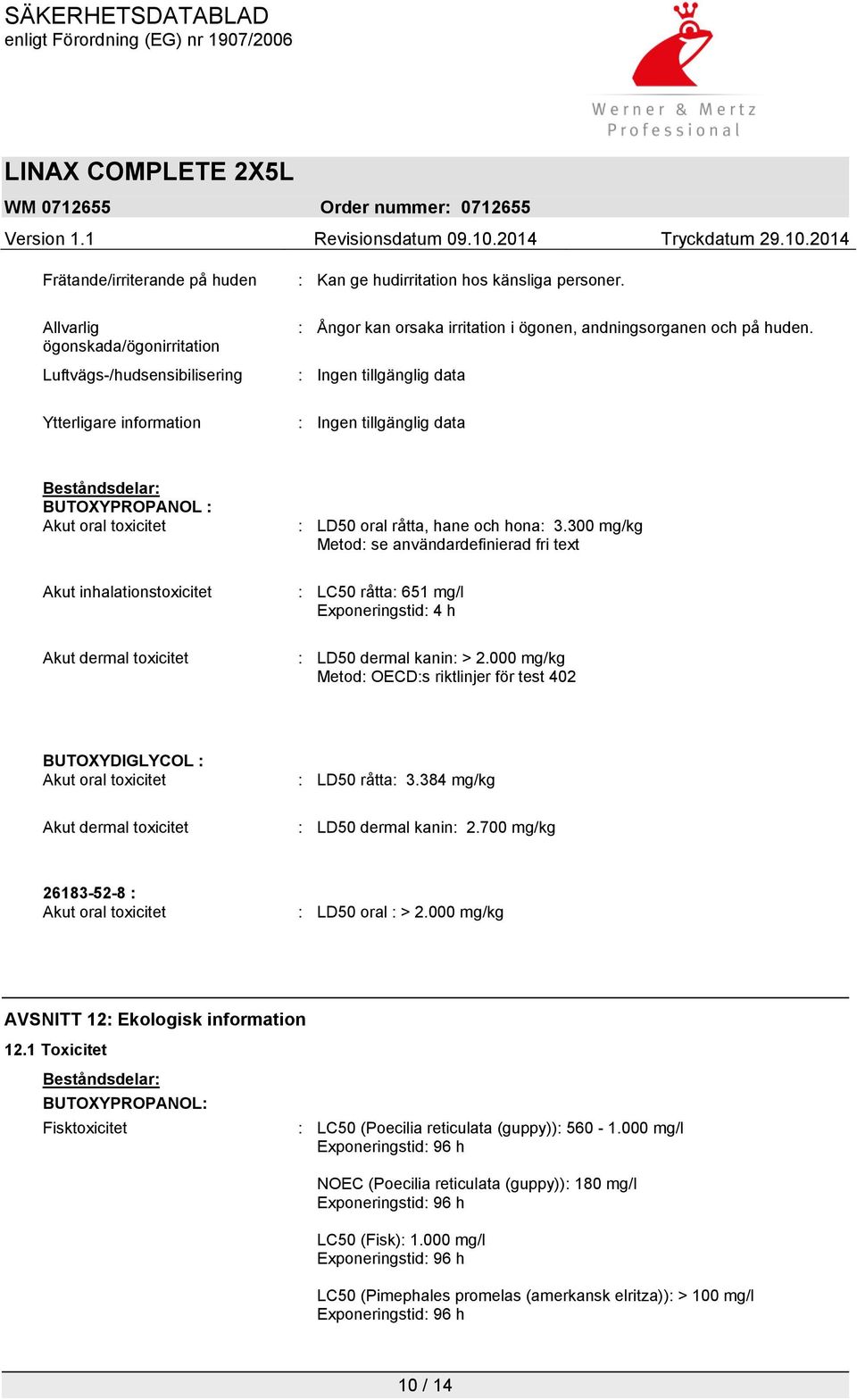 Ytterligare information Beståndsdelar: BUTOXYPROPANOL : Akut oral toxicitet : LD50 oral råtta, hane och hona: 3.